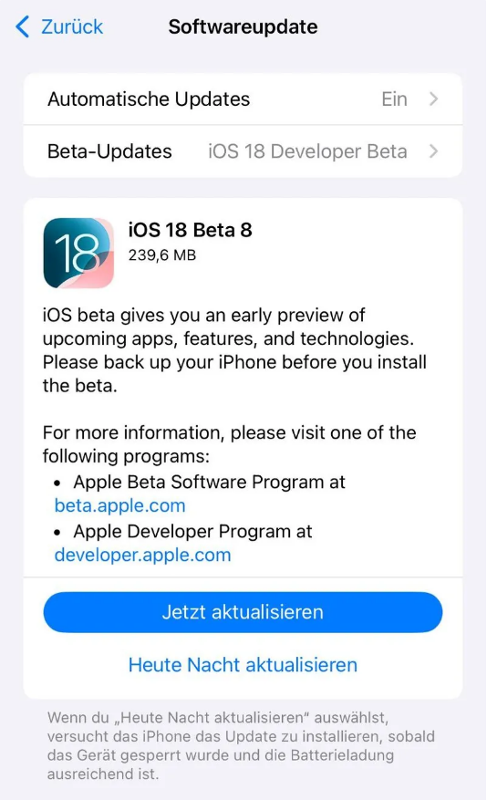 永善苹果手机维修分享苹果 iOS / iPadOS 18 开发者预览版 Beta 8 发布 